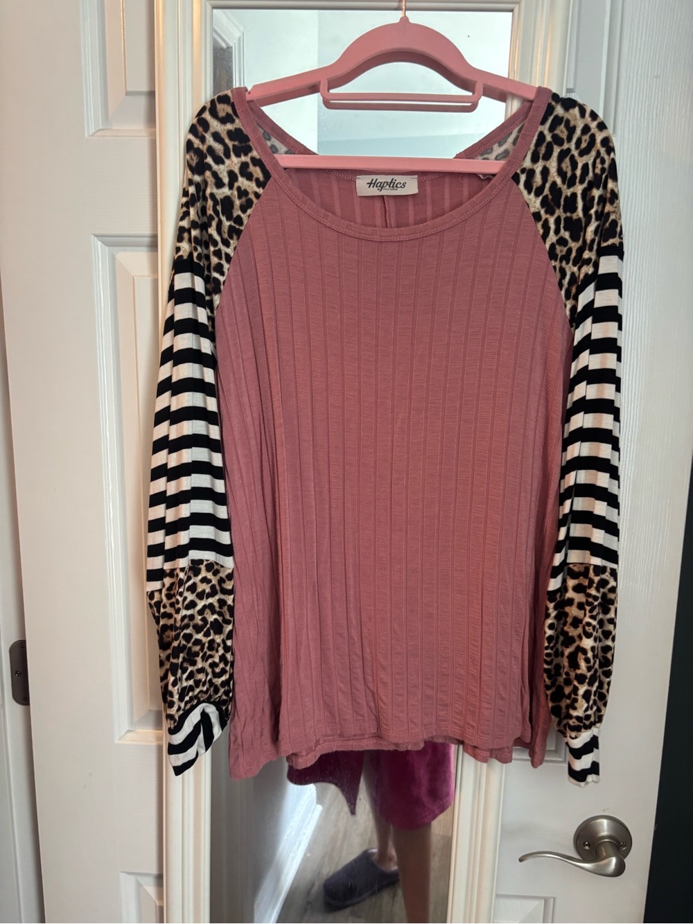Haptics Women’s Rose Ribbed Raglan Top with Leopard & Black-White Stripes